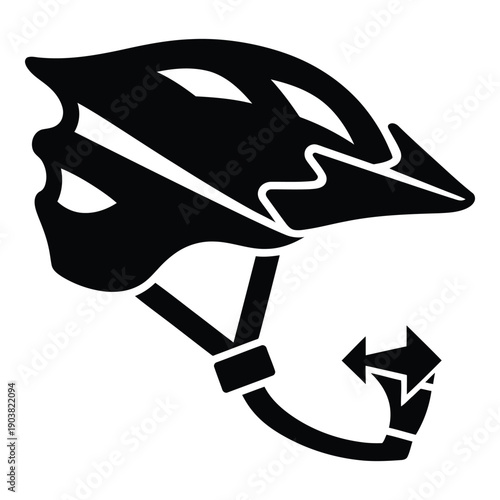 Black and white of a broken bicycle helmet with arrow symbol cracked des