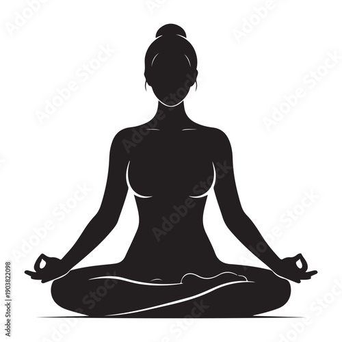 Vector black silhouette of a woman in lotus yoga pose, meditation icon, wellness illustration isolated on Transparent Background
