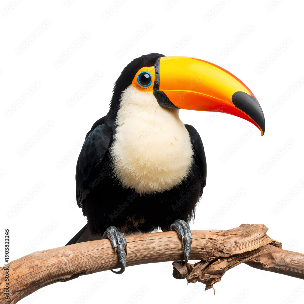 Naklejka premium Toucan Sits on a Branch With a Bright Beak in a Light Background During Daytime