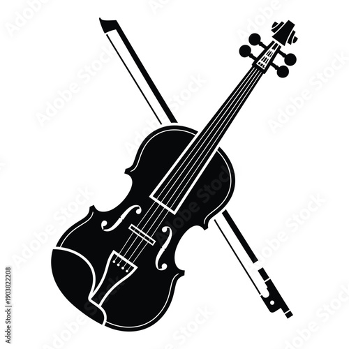 Black and white silhouette of a violin with bow in minimalist style musical instrument