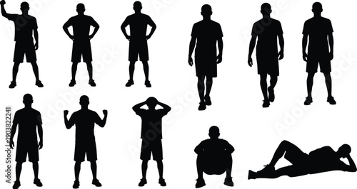 Black silhouettes of men in various casual and fitness poses, standing athletes, walking figures, relaxed lying positions, sports training vector illustration design elements
