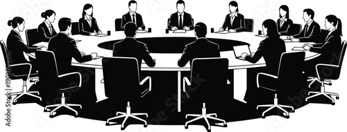 Vector, illustration, of, business, people, silhouettes, sitting, around, a, round, conference, table, having, a, meeting, in, a, boardroom, isolated, on, white, background