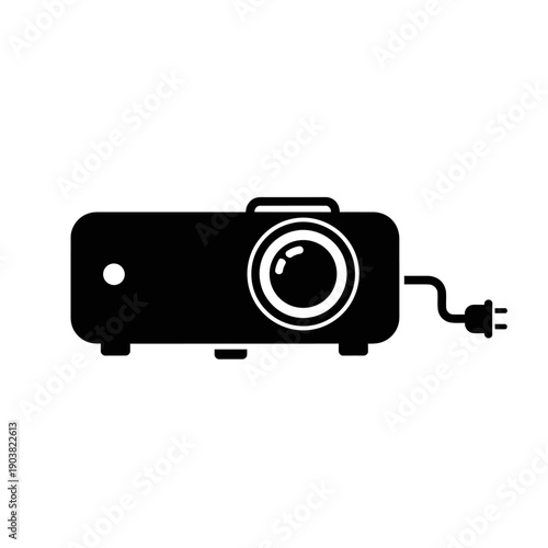 Black and white icon of a vintage film camera with a power cord