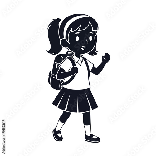 Black and white illustration of a young schoolgirl with a backpack