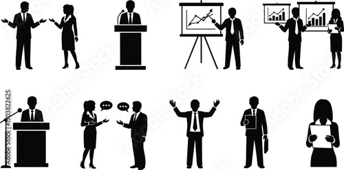 Business professional speaker and presentation icons set, public speaking silhouettes, corporate leadership and meeting symbols, office communication and strategy vector illustration design elements