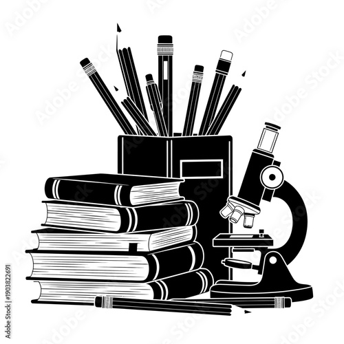 Stationery books and a microscope in a black and white illustration