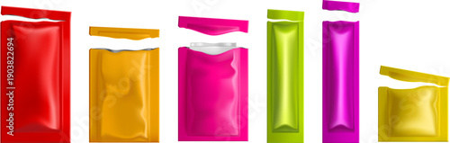 Assorted colorful condiment packets displayed in a vertical arrangement