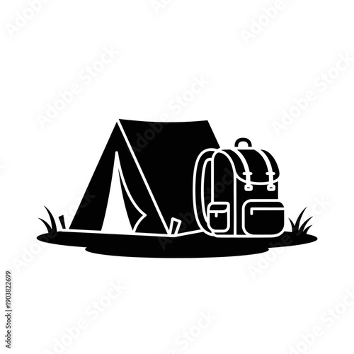 A simple black and white illustration of a tent and backpack