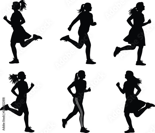 Silhouette icon set of women running and jogging, featuring active female athletes in motion for fitness, sports, health, and marathon training concepts.