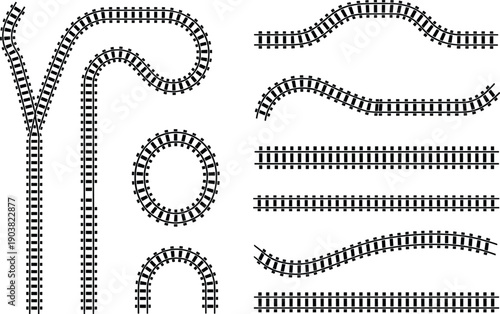 Set of black and white silhouette railway tracks, including curves, loops, straight sections, and switches, isolated on white background for transportation design.