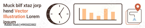 Time management, data visualization, project planning, navigation, scheduling, statistics. Clock with hands, bar graph in orange map icon with location marker. Time management and data visualization