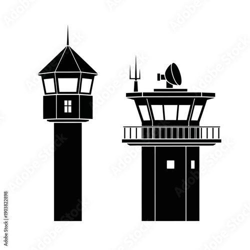 Black and white illustration of two different control tower structures