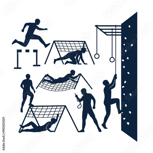 Silhouette illustrations depicting various athletic and obstacle course activities