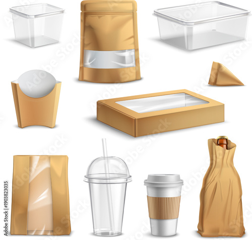 Realistic Food Packaging Mockup Collection with Plastic Containers Cups Pouches and Boxes