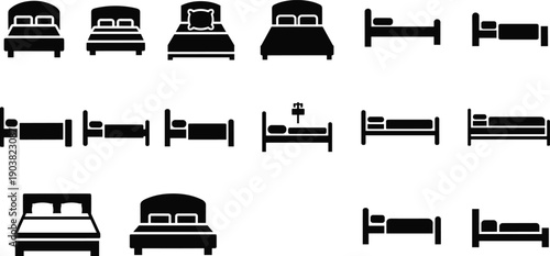 Bed and bedroom furniture silhouette icons set, modern sleeping bed symbols, black vector illustration isolated for interior design