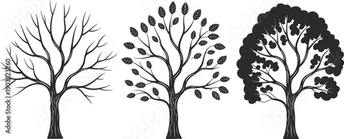 Hand drawn black tree illustrations set, isolated deciduous tree silhouettes, bare branch winter trees, leafy botanical design elements, nature vector sketch collection