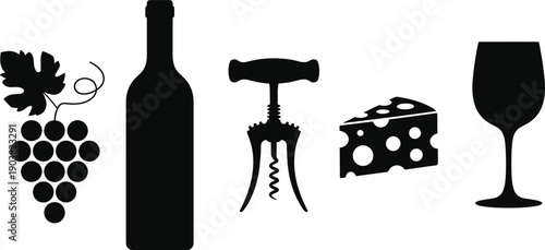 Silhouette icon set of wine and cheese, featuring a wine bottle, glass, corkscrew, bunch of grapes, and a wedge of Swiss cheese.