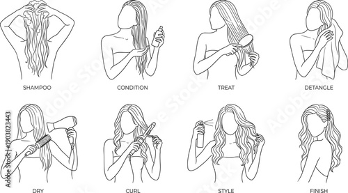 Hair care and styling routine icon set with shampoo, condition, treat, detangle, dry, curl, style, and finish.