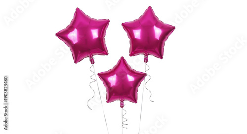 Three magenta star-shaped foil balloons isolated PNG, party decoration for birthday celebration and festive events on transparent background