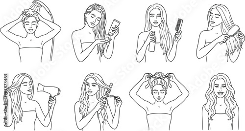 Hair care and styling routine icon set with shampoo, conditioner, spray, comb, blow dry, curl, bun, and finish.