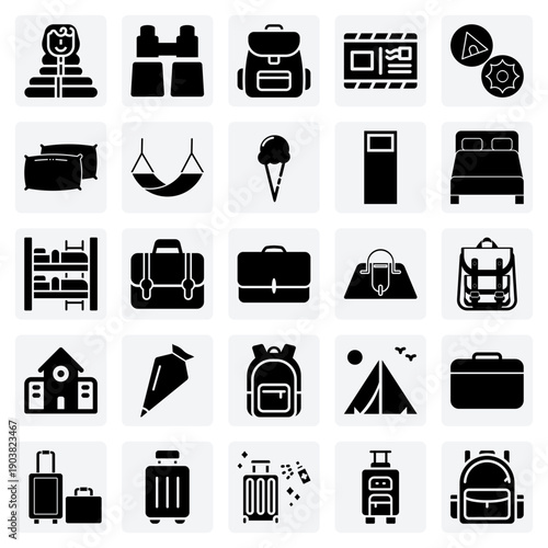 Adventure And Exploration Gear – Backpack, Sleeping Bag, And Binoculars For Hiking And Camping Graphics.