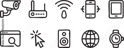 Line icons of technology and communication devices and symbols on white background