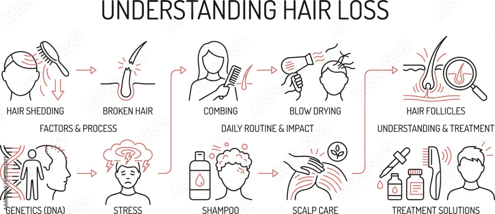 Obraz premium Hair loss infographic showing causes, daily routines, impacts, and treatment solutions with icons for education and awareness.