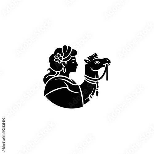 Black and white silhouette of a woman with a camel s head