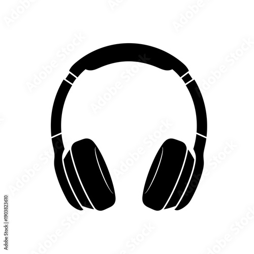 Simple black and white illustration of over ear headphones on a white background