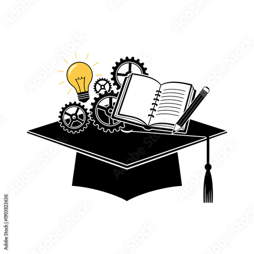 Graduation cap with a lightbulb gears open book and writing tools