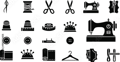 Collection of sewing icons and tools for tailoring and textile crafting