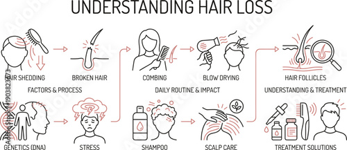 Hair loss infographic showing causes, daily routines, impacts, and treatment solutions with icons for education and awareness.
