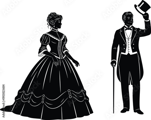 Victorian era gentleman and lady silhouette vector illustration in vintage fashion style, elegant historical couple wearing formal attire, classic black and white retro design