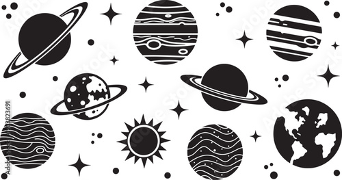 Set of vector illustrations featuring various celestial bodies including planets, stars, and a sun, perfect for space-themed designs and educational materials
