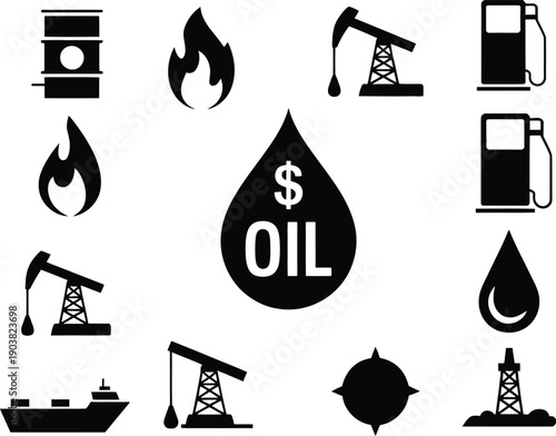 A collection of black oil and gas icons on a white background silhouette