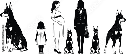 Minimalist black and white silhouette illustration showing life stages of woman from childhood to pregnancy and professional adulthood with Doberman dogs, conceptual symmetry, family growth