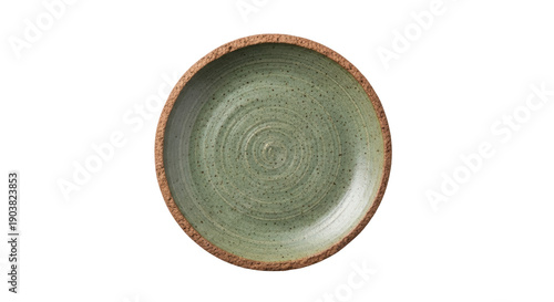 Handmade ceramic plate isolated PNG on transparent background, rustic green pottery dish for food presentation and kitchenware design