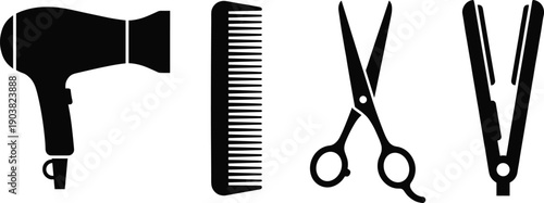 Hair styling tool icon set with dryer, comb, scissors, and straightener in black silhouette format.