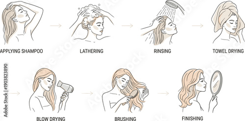 Hair washing and styling process icon set showing shampoo, lather, rinse, towel dry, blow dry, brush, and finish.