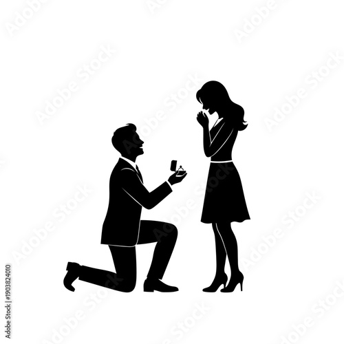 A man proposing to a woman kneeling with a ring box open