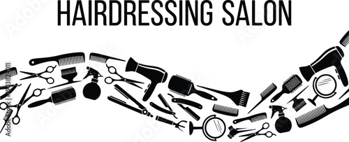 Hairdressing salon silhouette set with scissors, combs, dryers, brushes, and styling tools, vector artwork