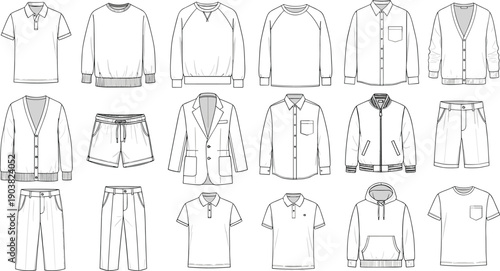 Men clothing outline vector set including shirts, jackets, shorts, hoodies and pants, minimalist fashion technical sketches collection isolated for apparel design, fashion catalog and textile mockups