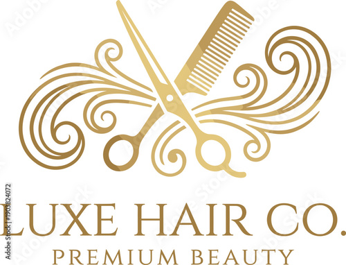 LUXE HAIR CO. logo with golden scissors and comb, elegant swirls, and premium beauty branding in luxury style.