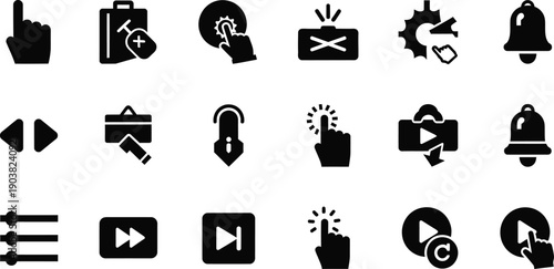 Collection of black and white media control and notification icons