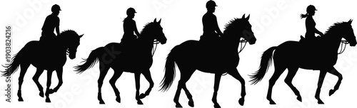 Silhouettes of four people riding horses with helmets, equestrian figures in walking and trotting poses, black silhouettes isolated on white background illustration