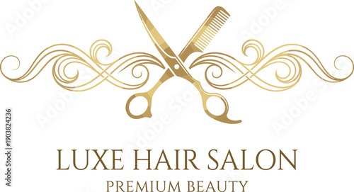 Luxe Hair Salon logo with golden scissors and comb, elegant swirls, and premium beauty branding in luxury style.