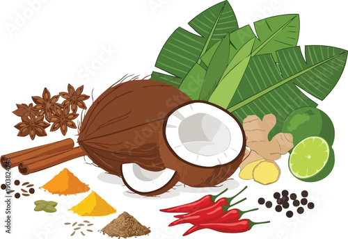 Coconut with Spices, Herbs, and Vegetables for Cuisine