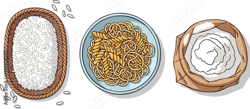 Staple Foods Rice, Pasta, and Flour Vector Illustration