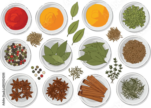 Colorful Spice Collection An Array of Flavors and Aromas in Bowls