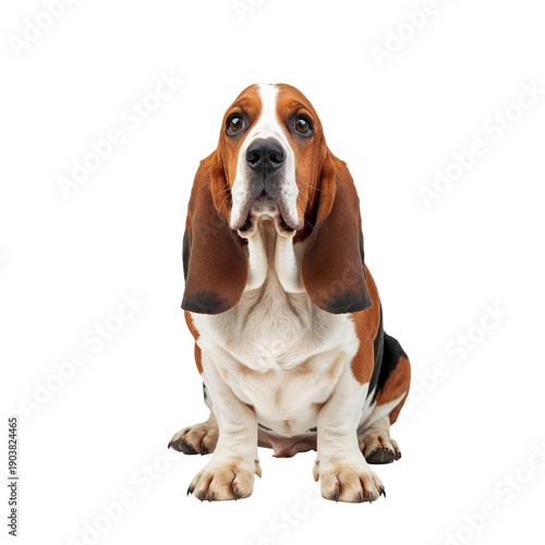 Dog Sitting on a Plain Background Looking at the Camera With Its Ears Down an...